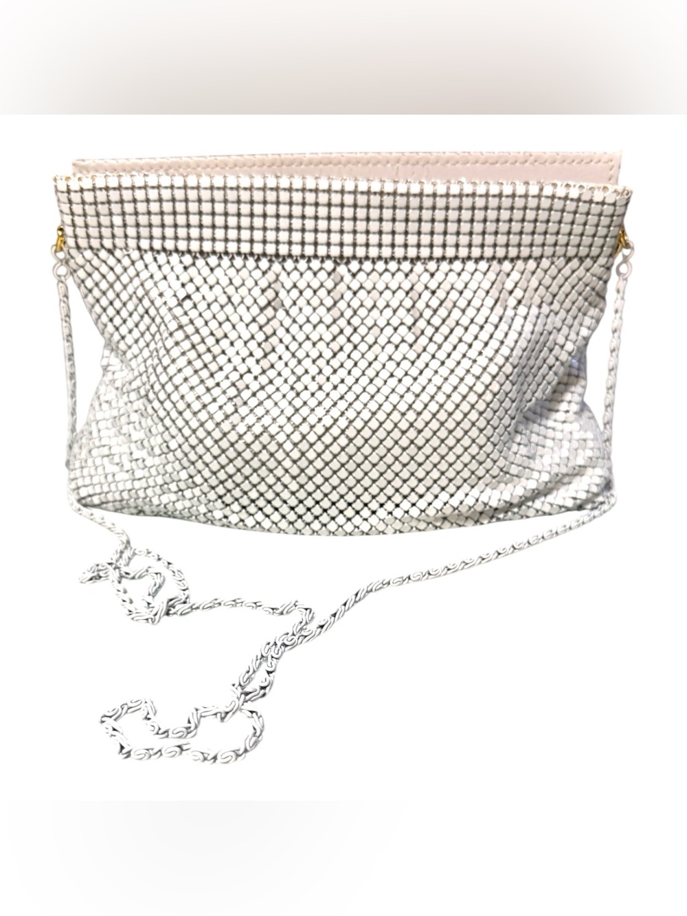 Bags by Marlo 80s Glam White Metal Mesh Oversized Clutch Evening Bag Chain Strap